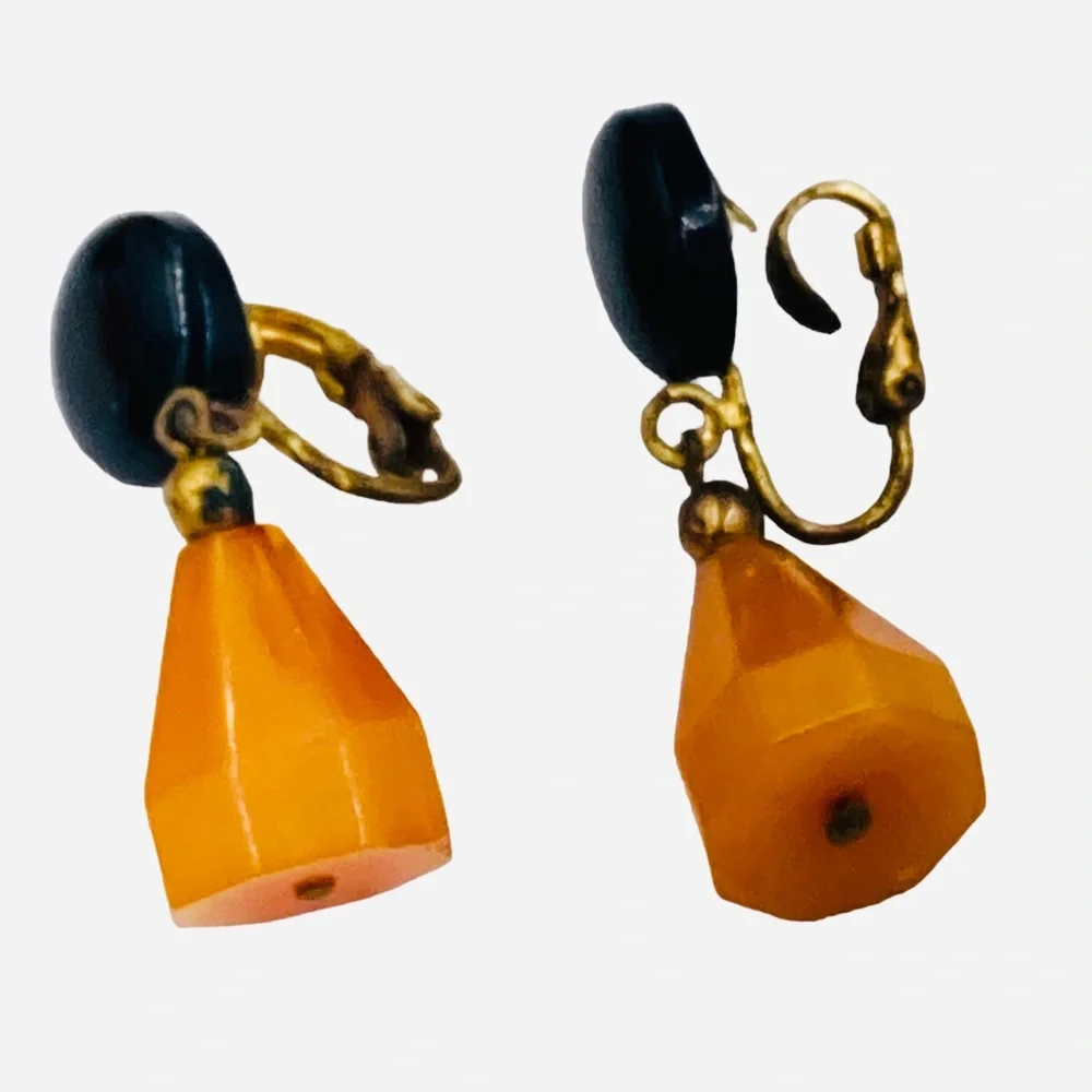 Vintage Bakelite Black Orange Pyramid Bead Necklace Earring Set